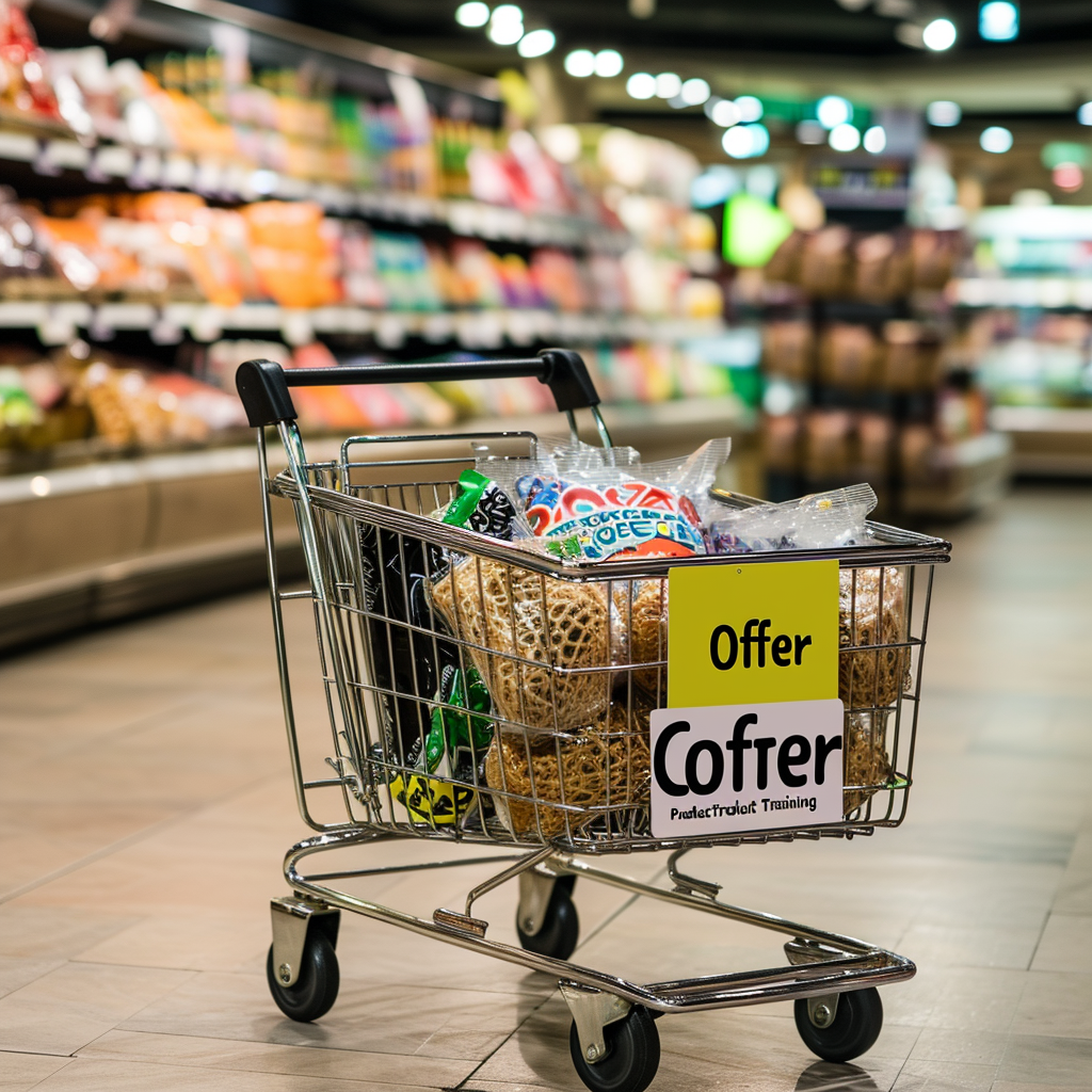 Supermarket offer basket with grocery bags