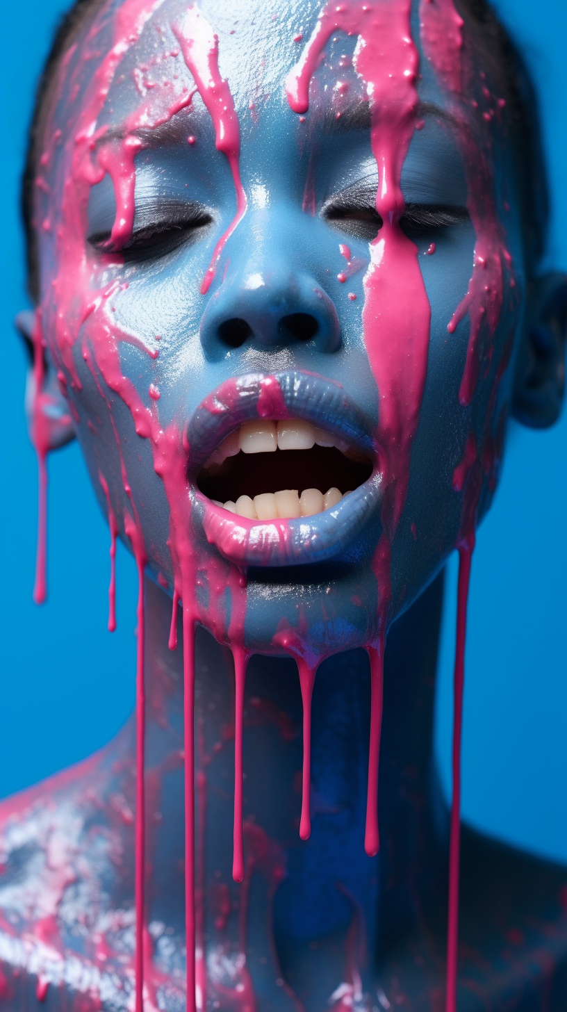 Portrait of a Beautiful Supermodel with Dripping Blue Paint