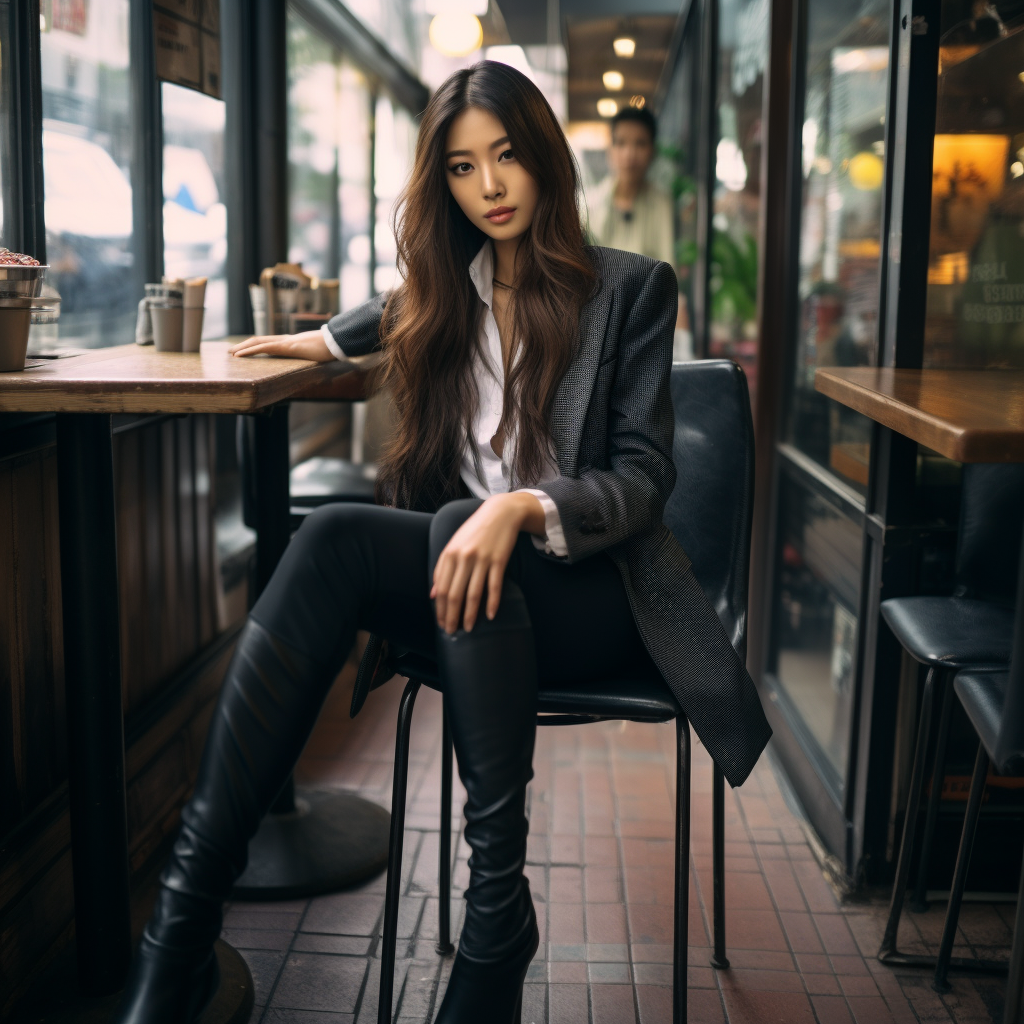 Young Japanese model wearing gloves, blazer, and leggings