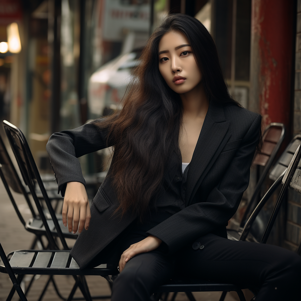 Fashionable Korean Celebrity sitting on the street