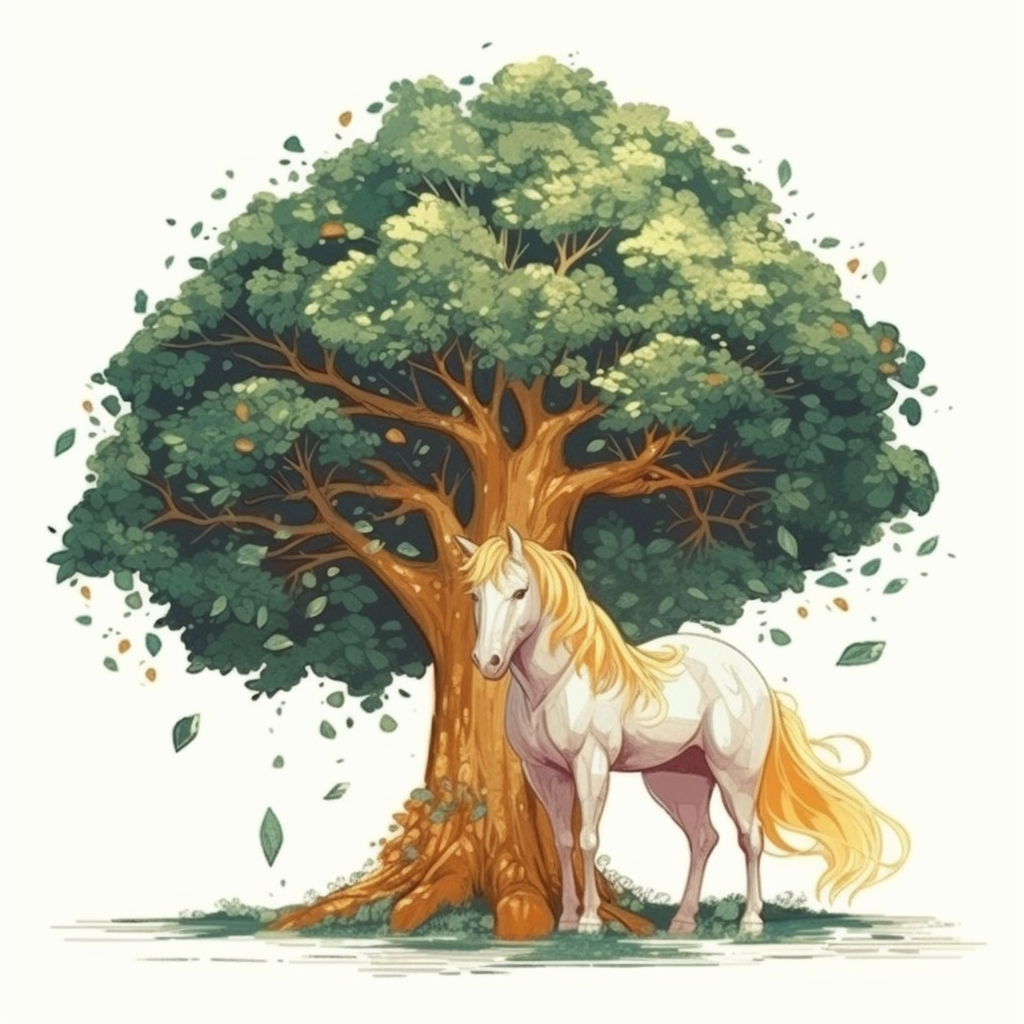 Beautiful tree with golden shiny unicorn