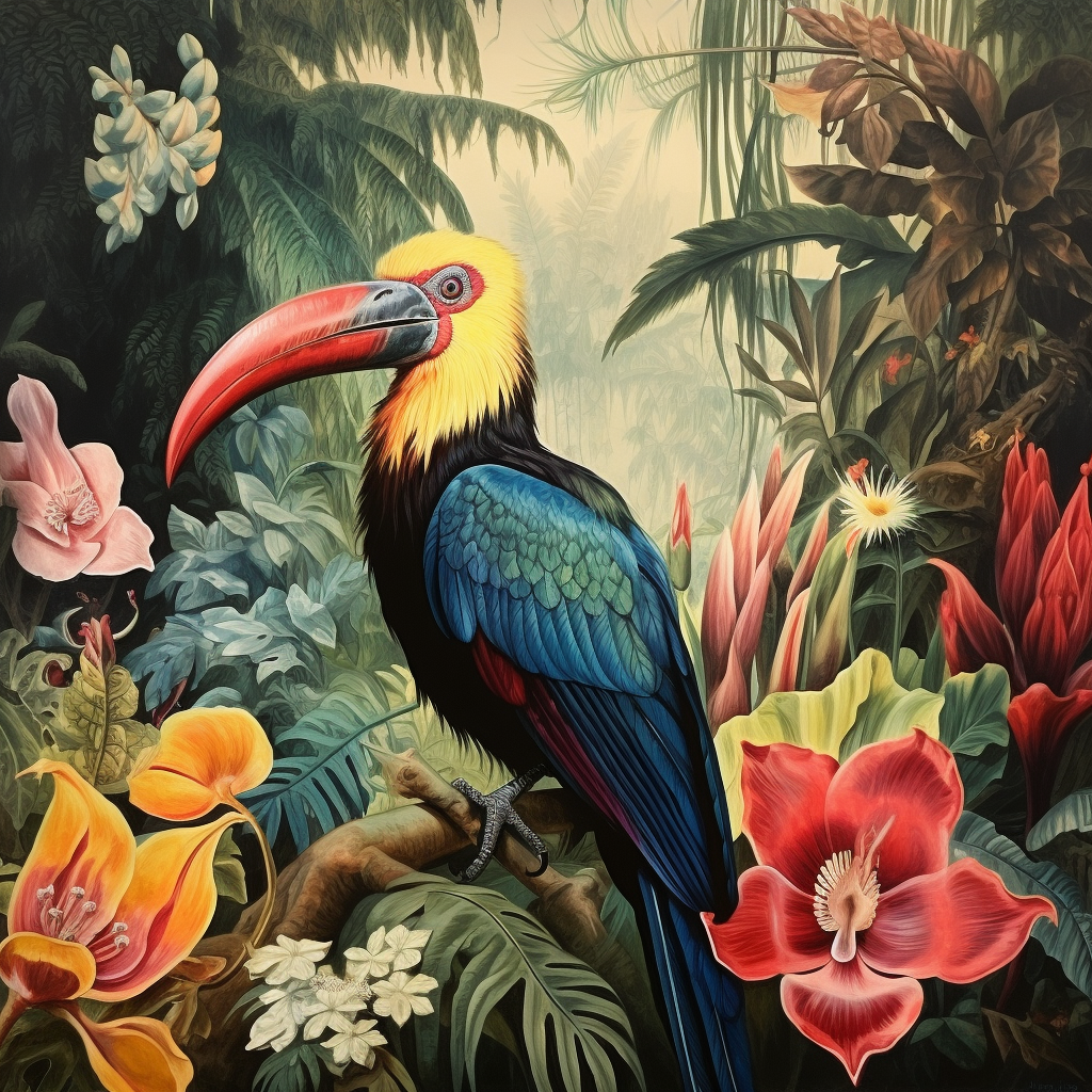 Vibrant Tropical Alien Bird among Flowers