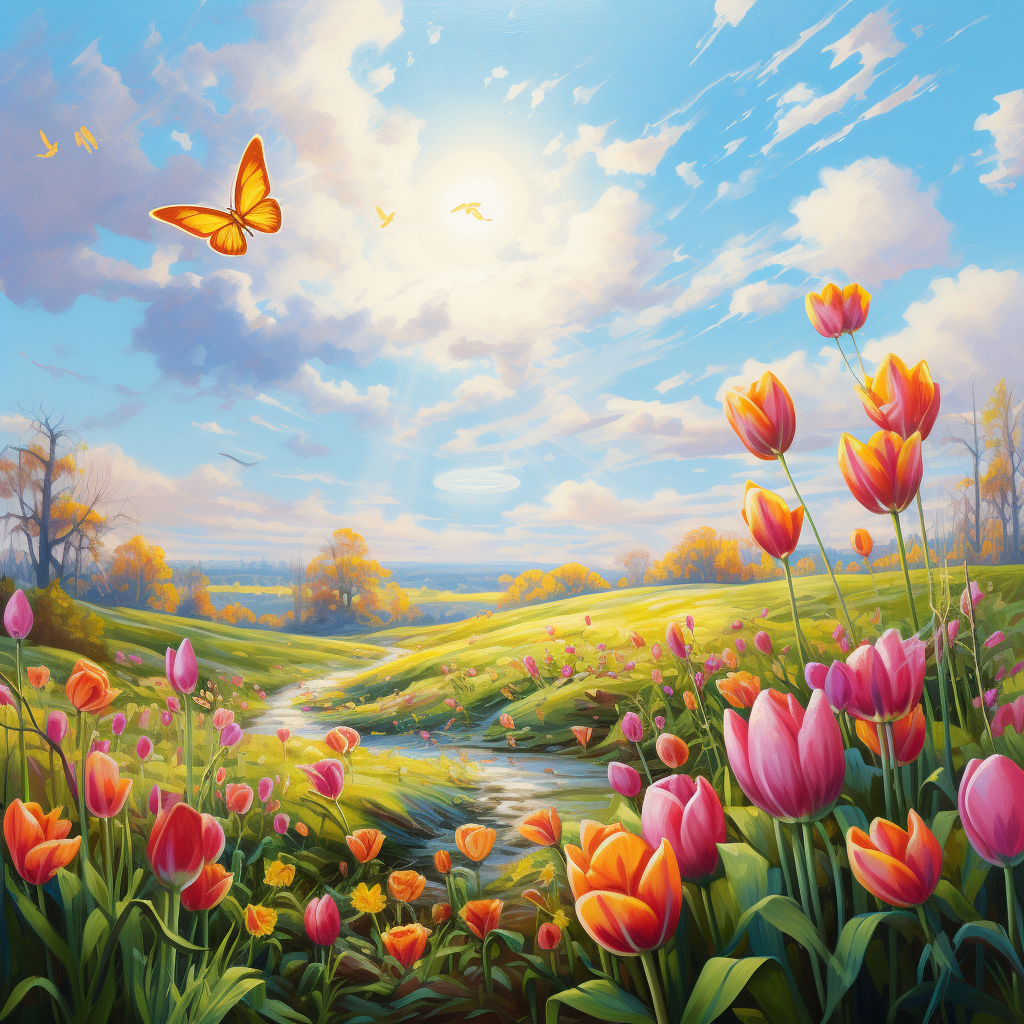 Spring day with tulips and butterflies