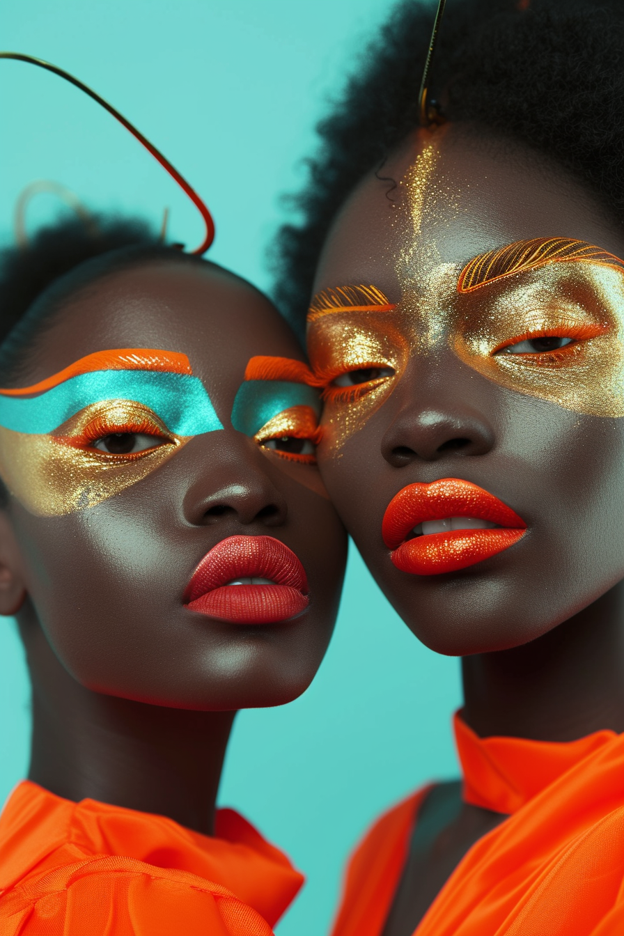 Twin girls in orange and gold makeup