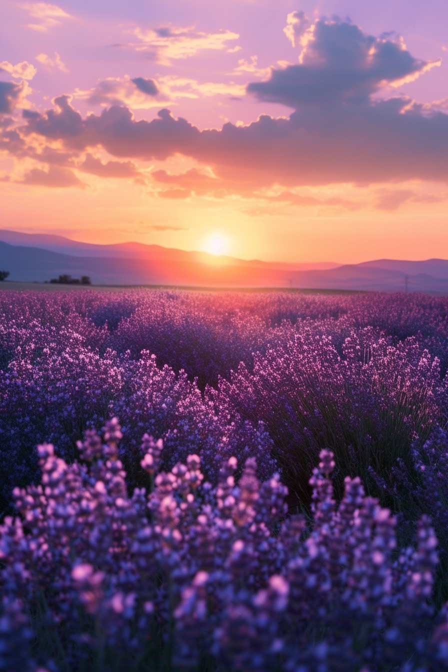 Lavendar Sunset Over Field View