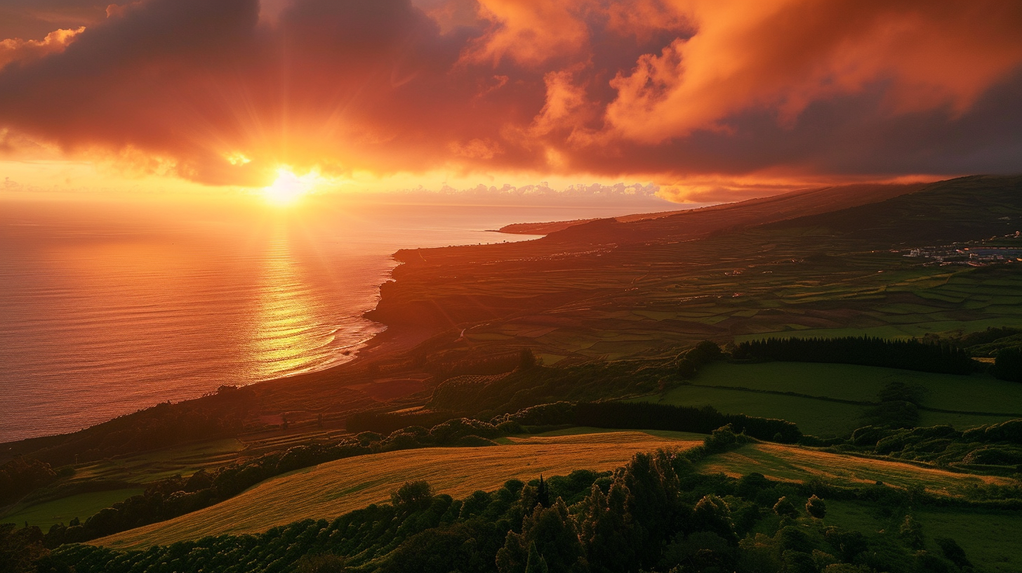 Hyperrealistic sunset view of Sao Miguel