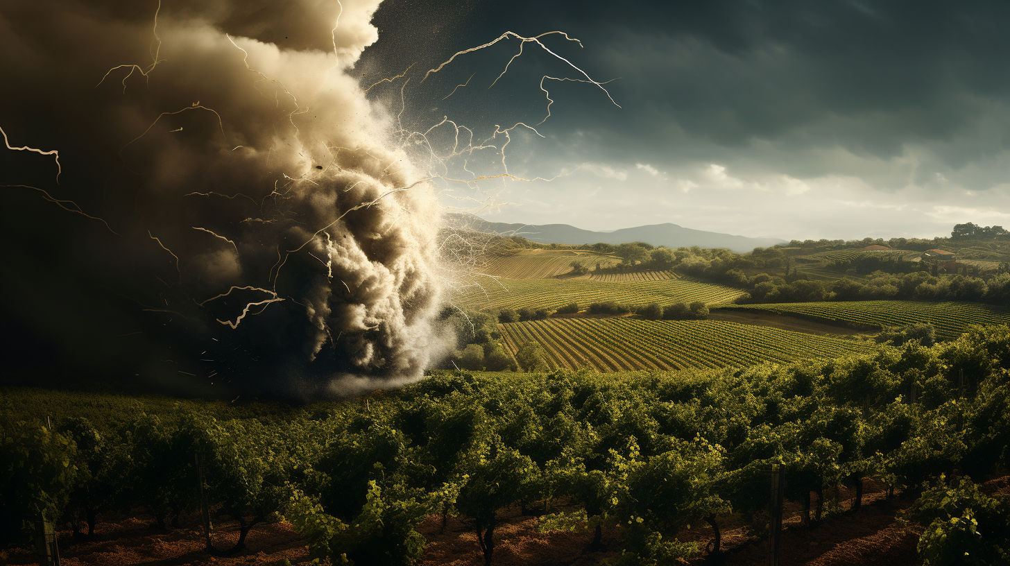 Cinematic view of vineyard amidst natural disasters