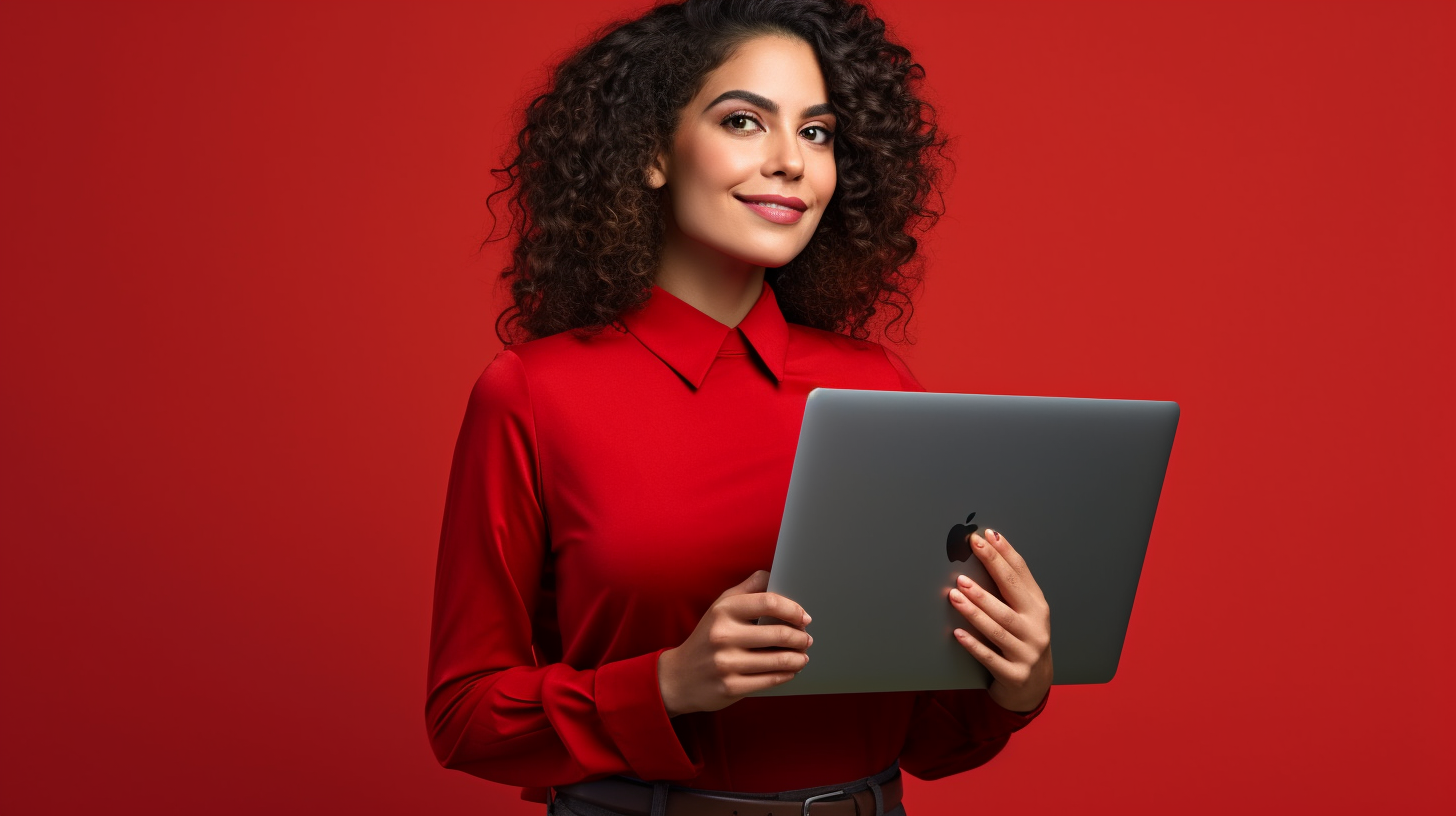 Smiling web developer Anya with laptop