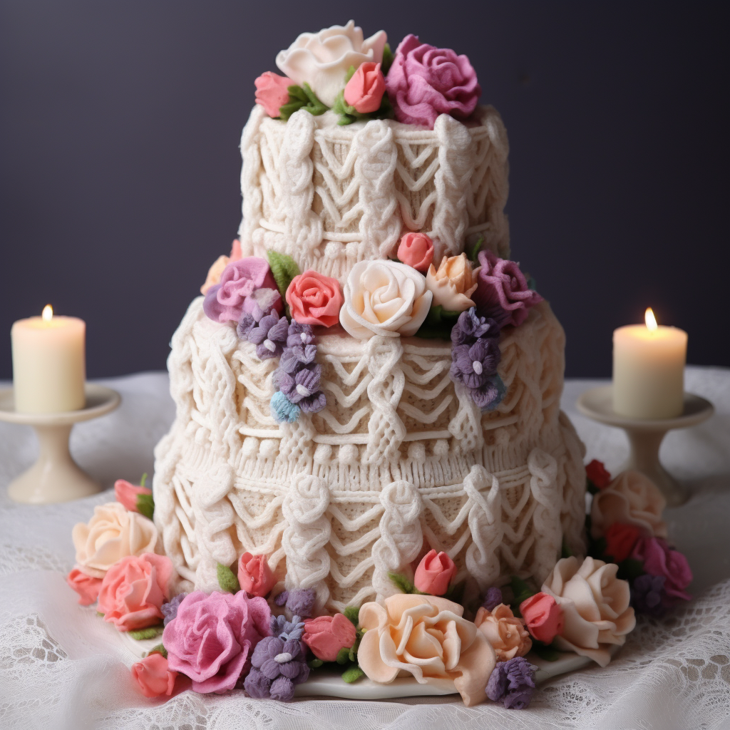 Knitted wedding cake made of yarn