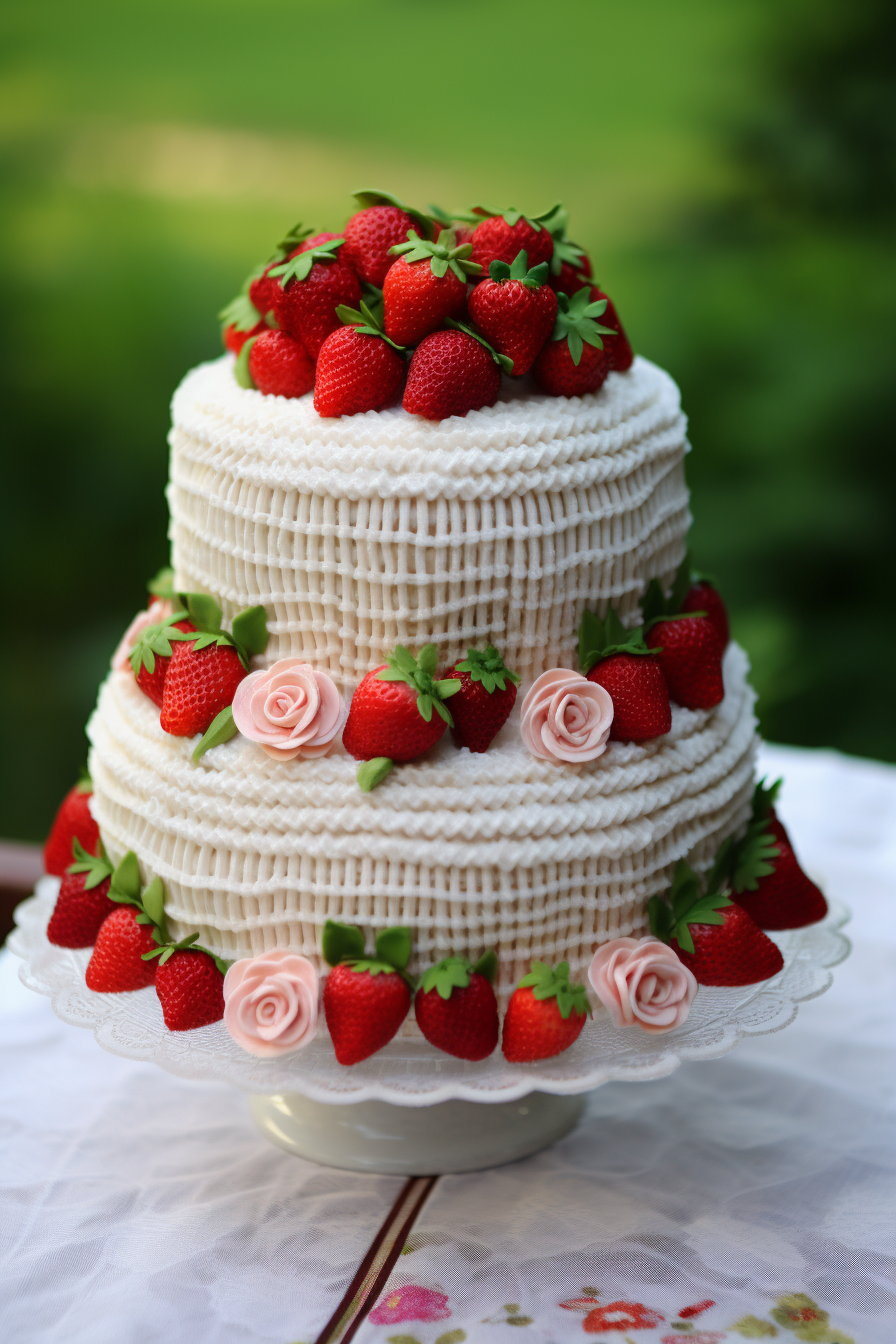 Yarn wedding cake with whipped cream and strawberries