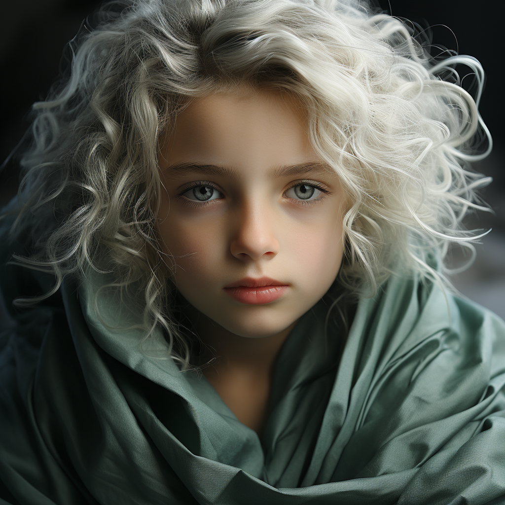 Child in green robe with white hair