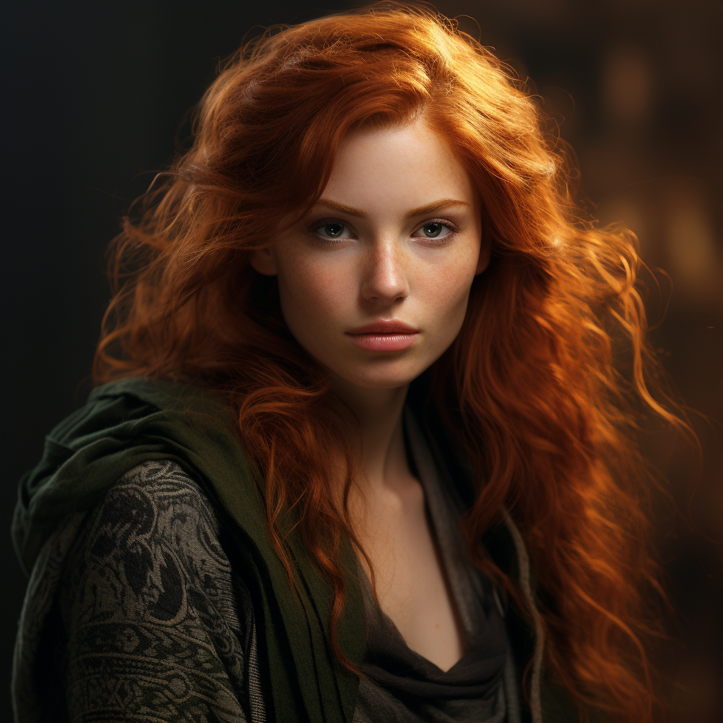 Stunning red-haired witch with jade green eyes