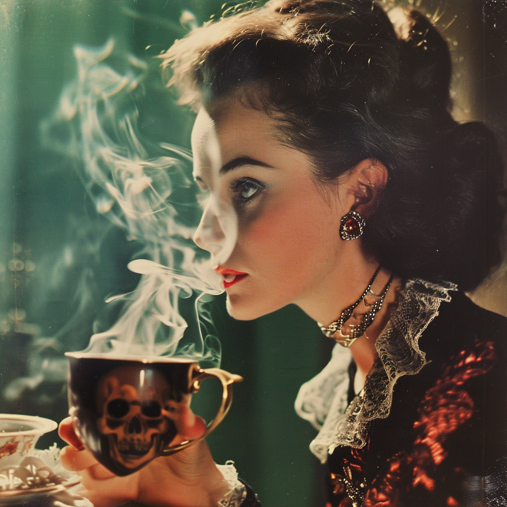 Color photograph of a beautiful witch with hot tea