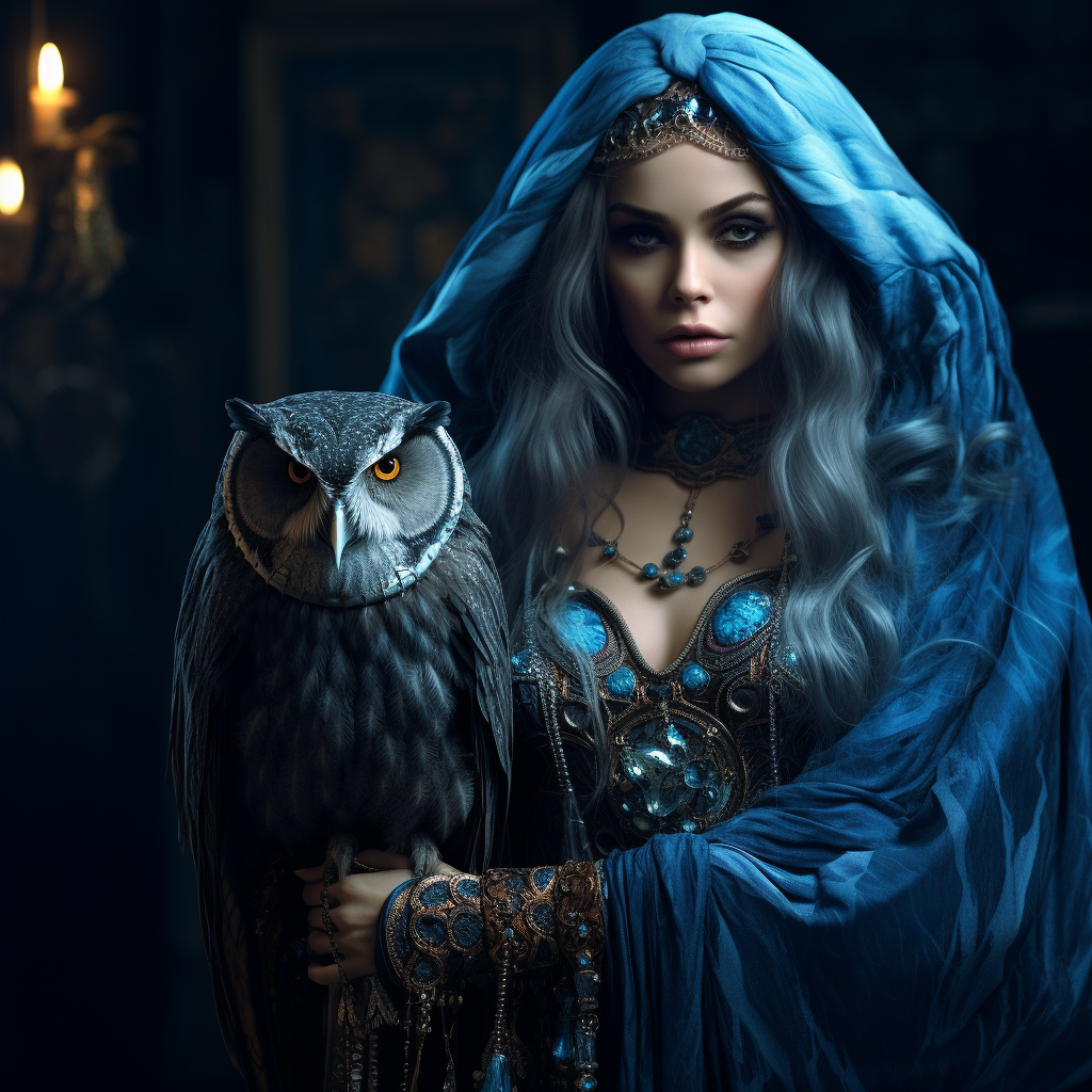 Beautiful witch with owl on shoulder