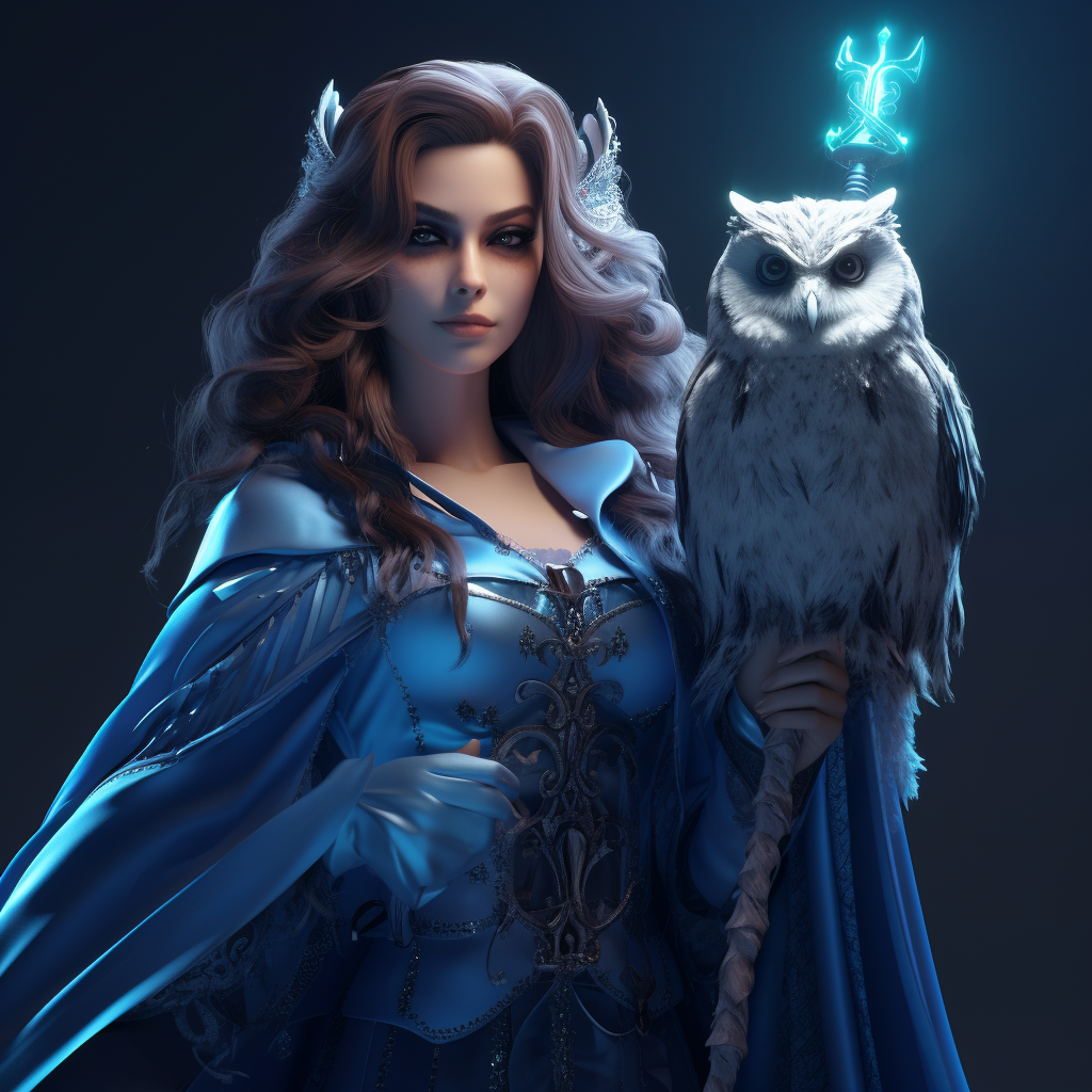 Beautiful witch with cute owl on shoulder