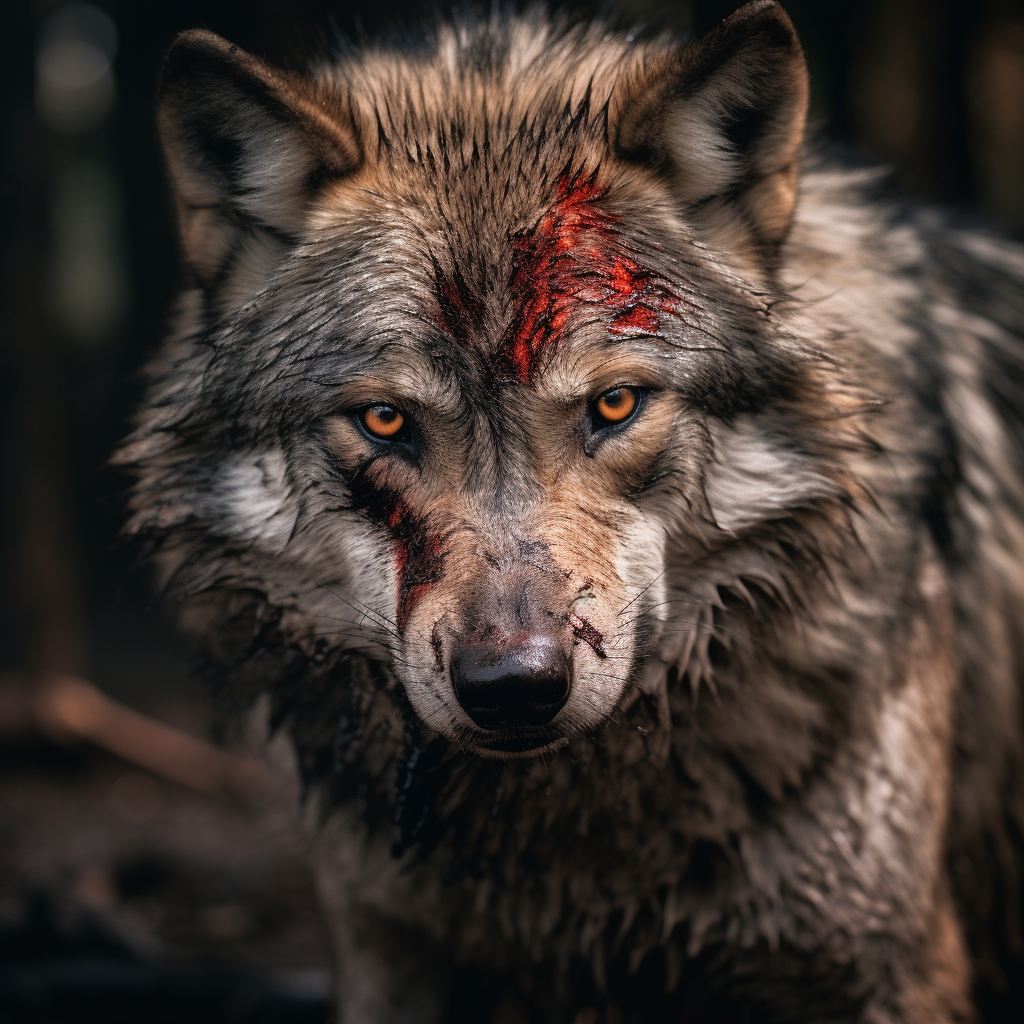 Beautiful wolf with scar in cinematic light