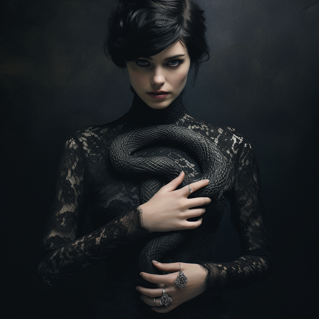 Stunning woman with black snake and detailed dress