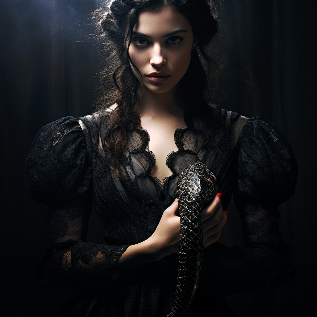 Woman holding black viper in unique dress