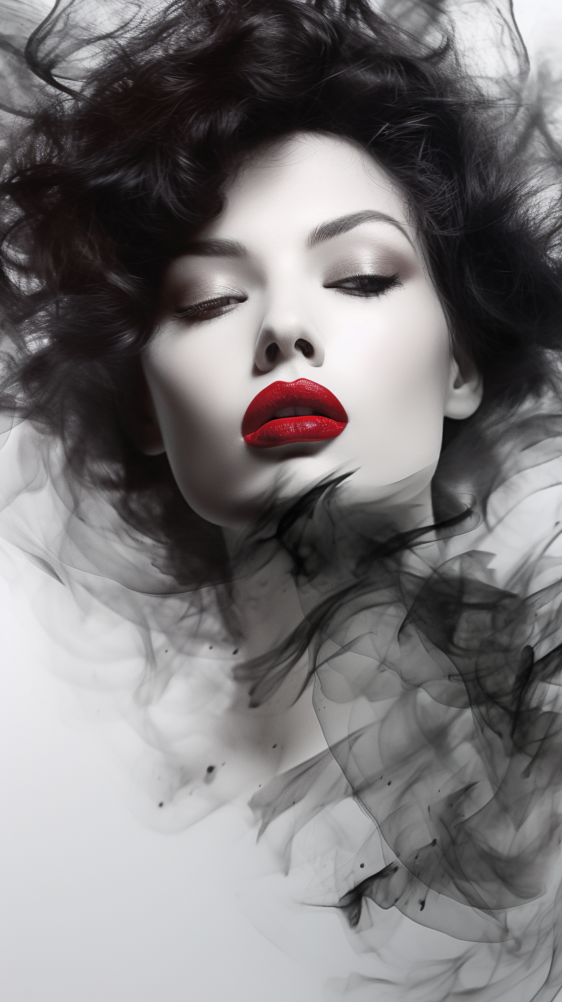 Beautiful woman with bold red lipstick in greyscale