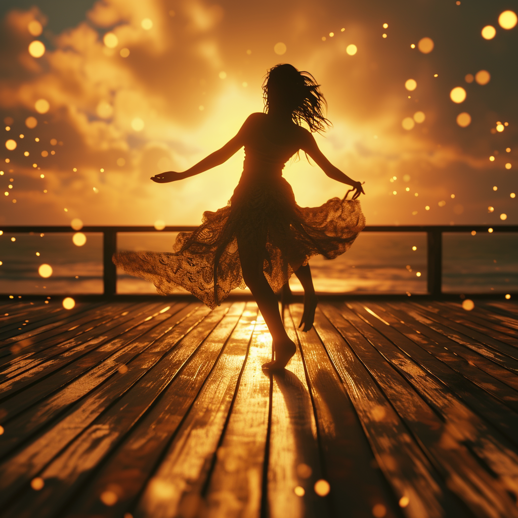 Joyful woman dancing on wooden dance floor