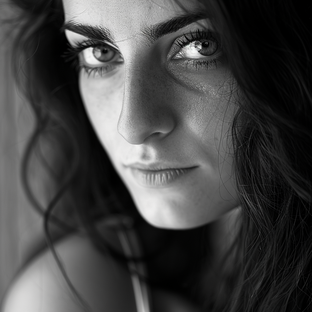 Beautiful woman with dark hair in black and white