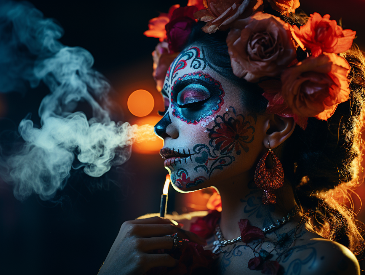 Woman with Dia de Muertos Makeup Smoking