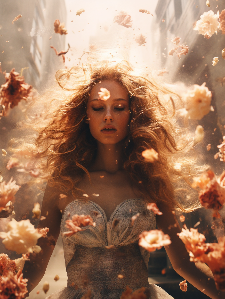 Stunning double exposure of a beautiful woman surrounded by swirling flowers and fire