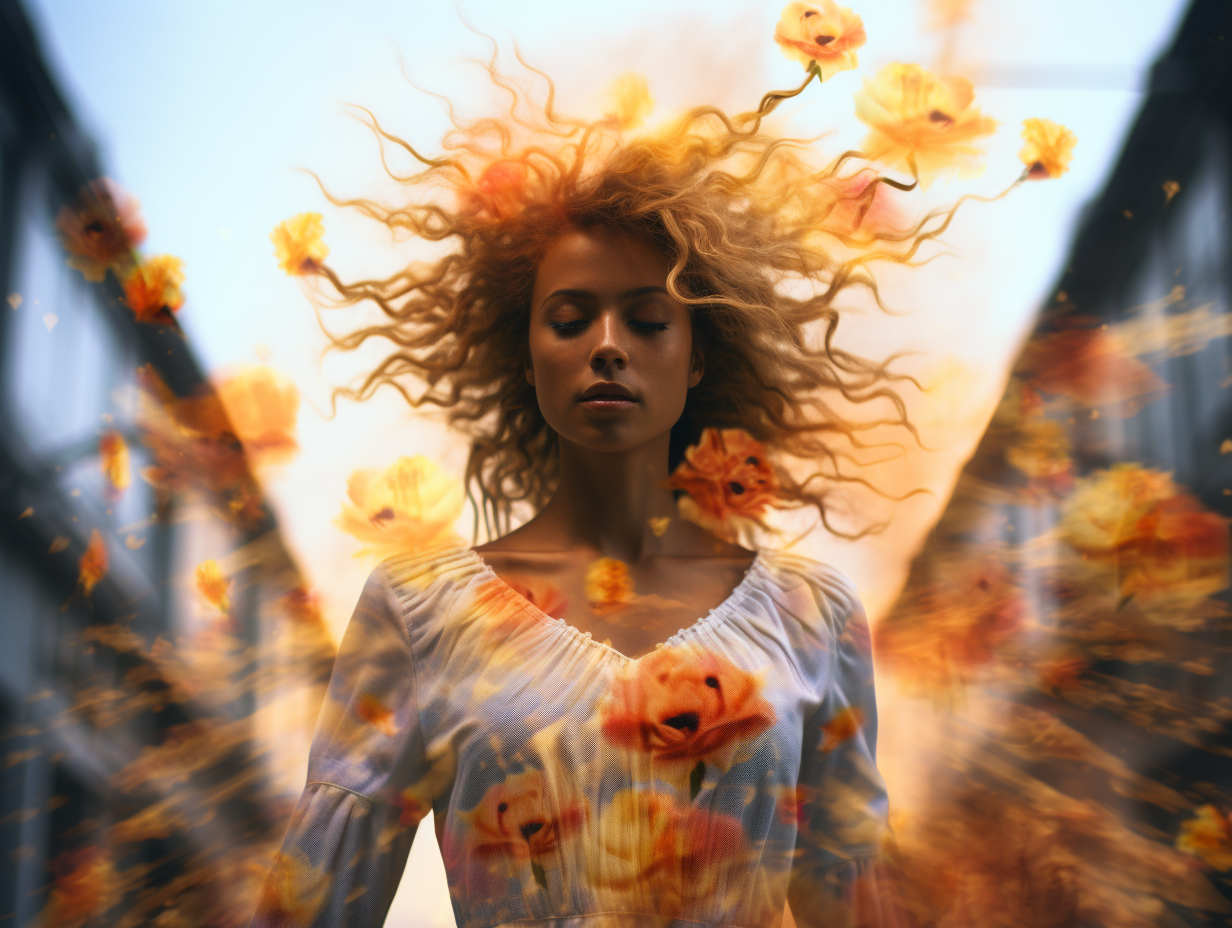 Stunning double exposure of woman with swirling flowers and fire