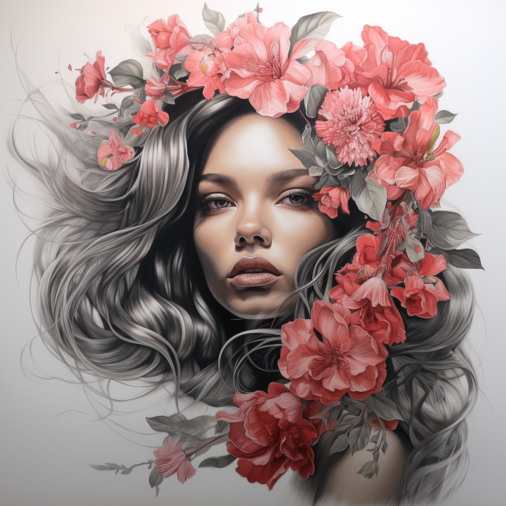 Hyper Realistic Drawing of Beautiful Woman with Flowers