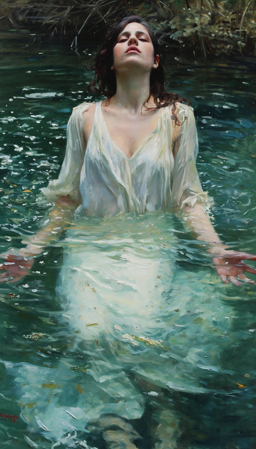 Detailed portrait of a beautiful woman in a garden pond