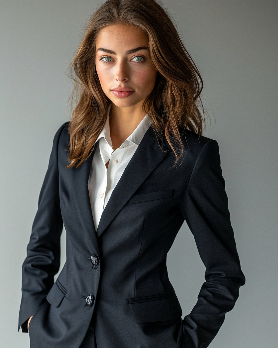 Fashionable woman in navy blue suit