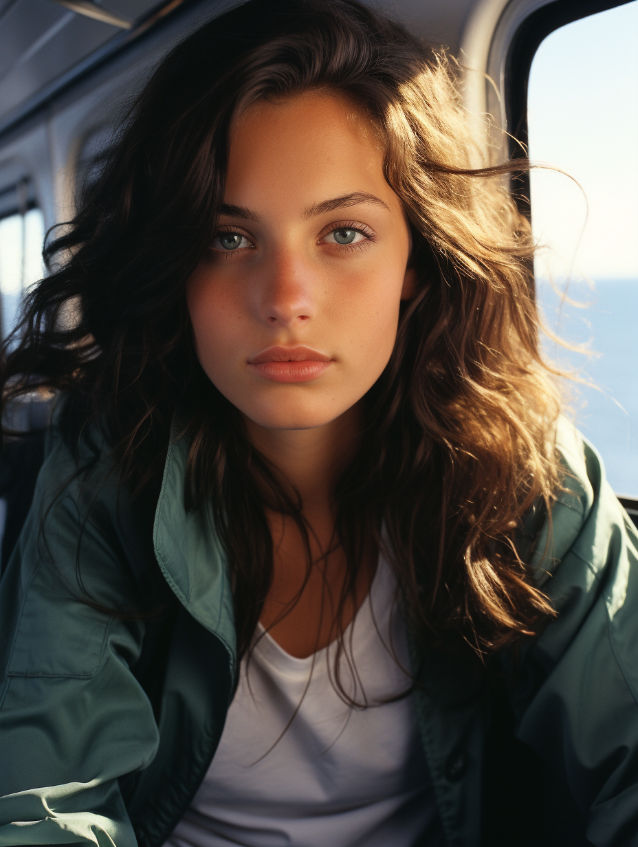 Young Woman with Green Eyes and Freckles on a Boat