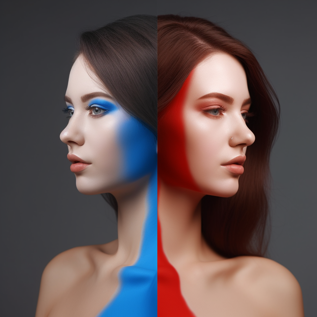 Beautiful woman in hyperrealism with red and blue