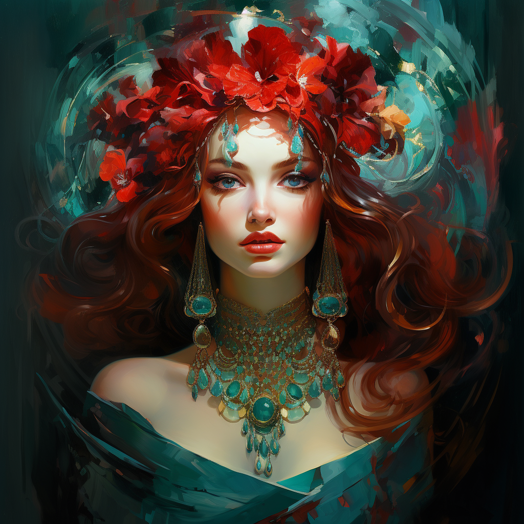 Stunning Woman with Ice Blue, Emerald Green, Ruby Red, and Shiny Gold