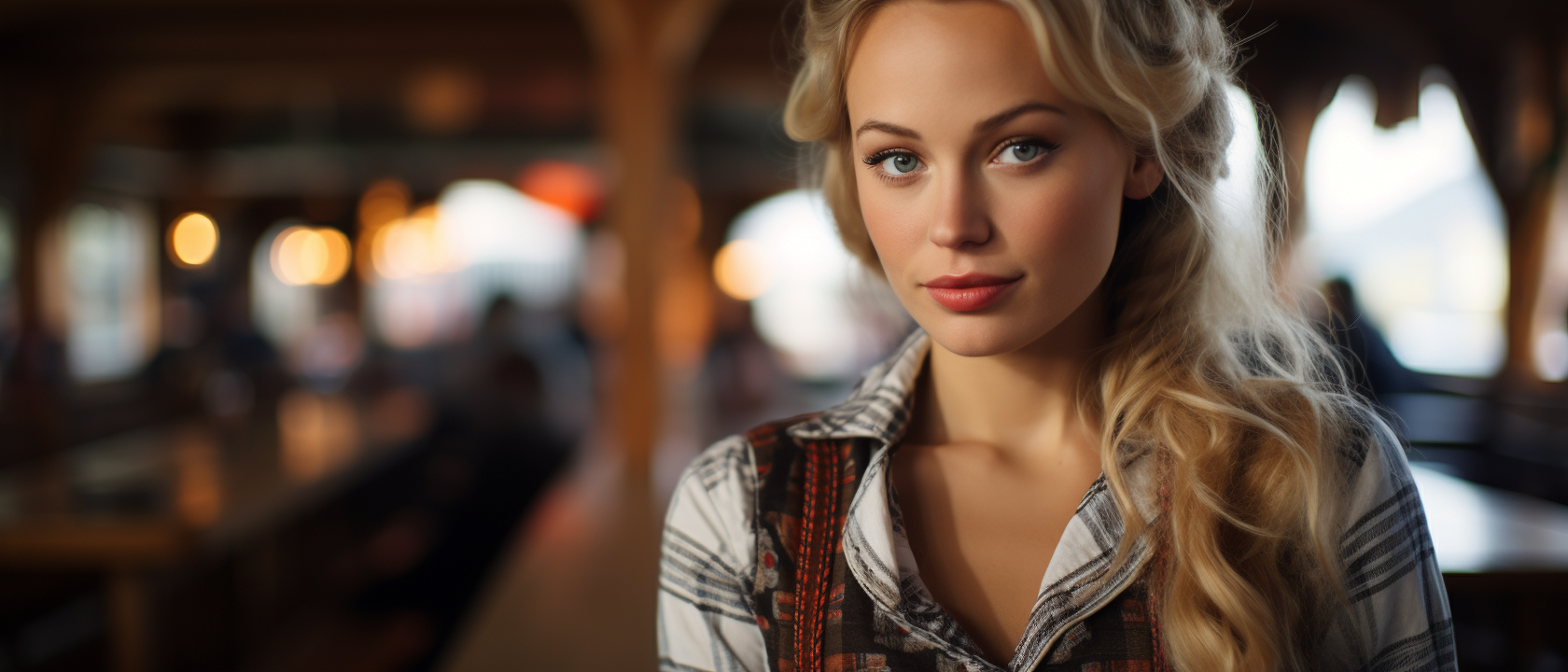 Blond woman in plaid dirndl dress