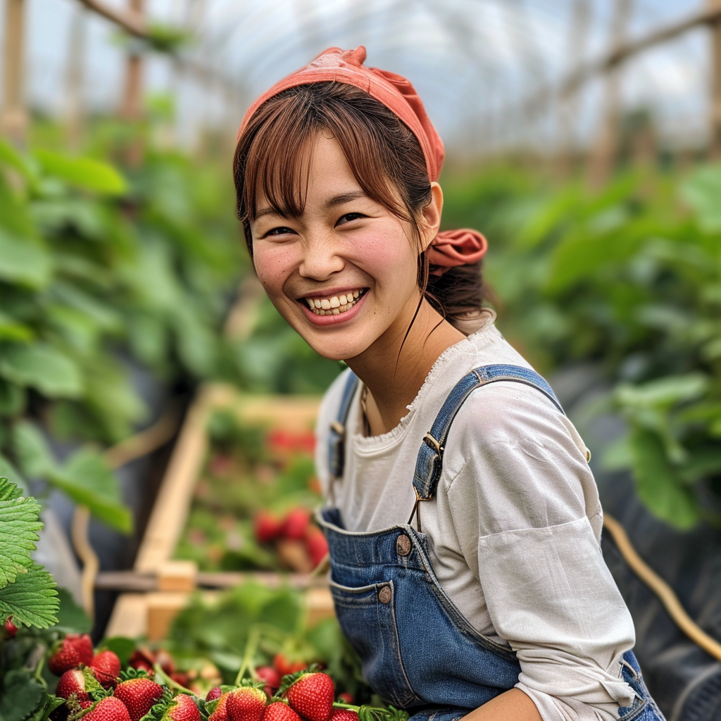 Smiling woman working on a strawberry farm