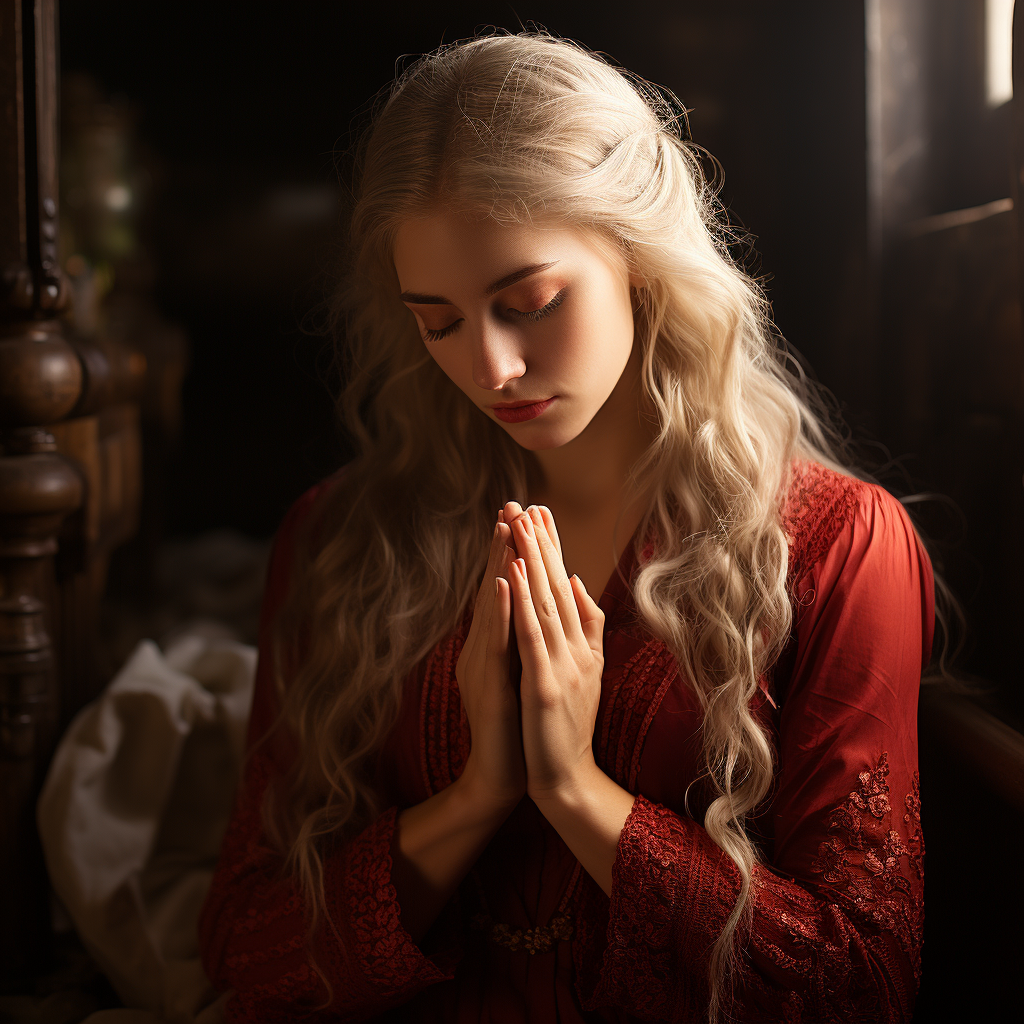 Beautiful woman praying with long, smooth white hair