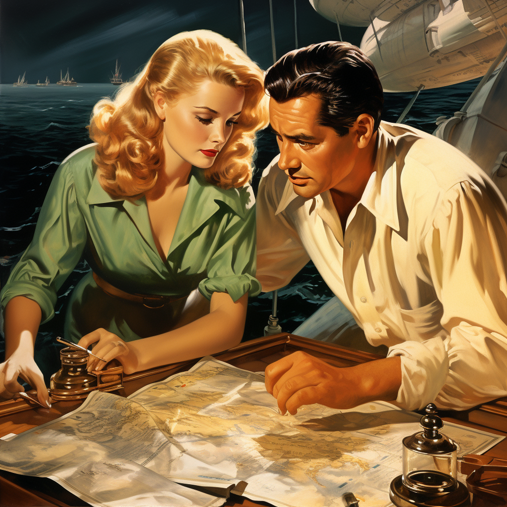 Beautiful couple on luxury yacht exploring treasure map