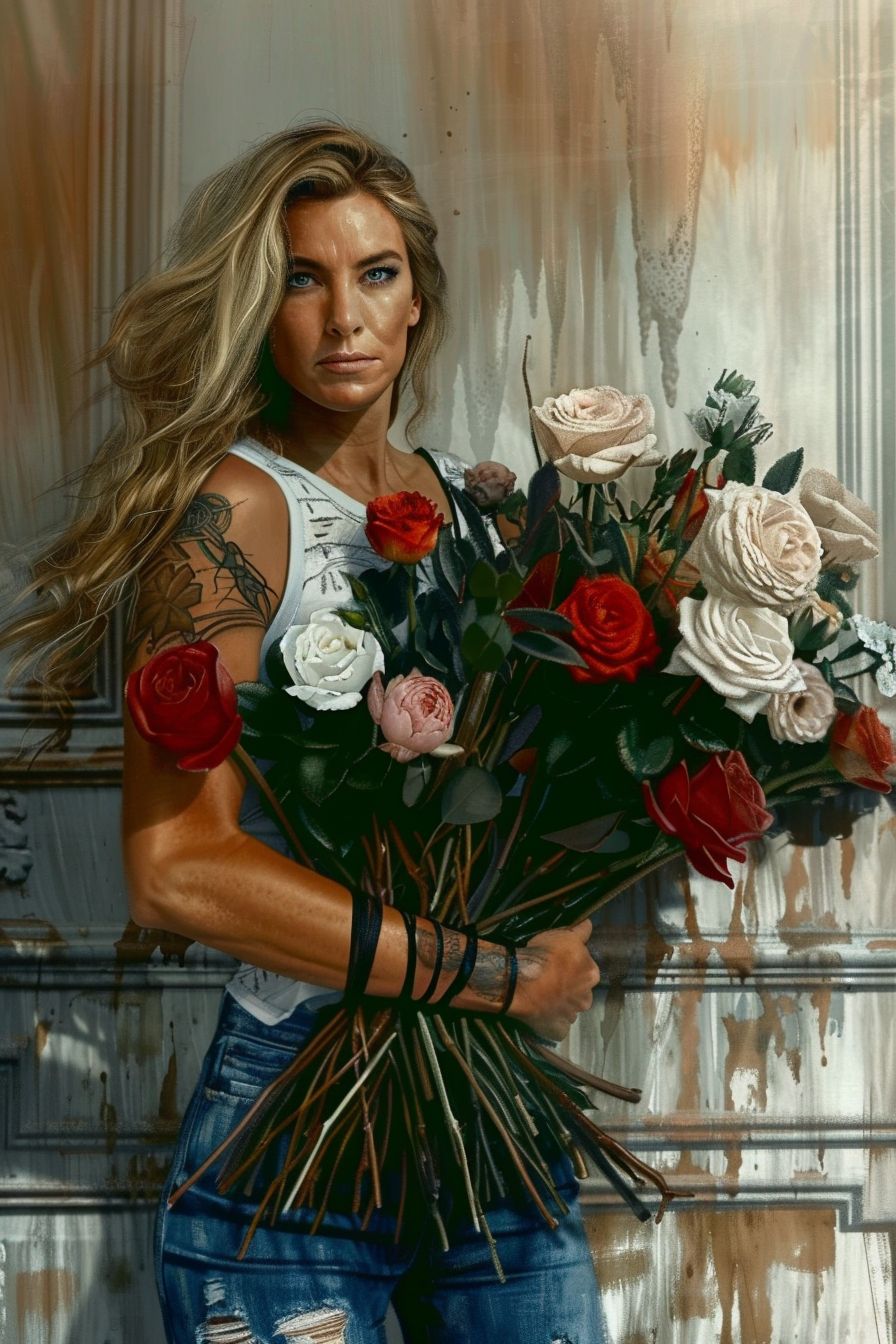 Woman with Muscular Arms Holding Flowers