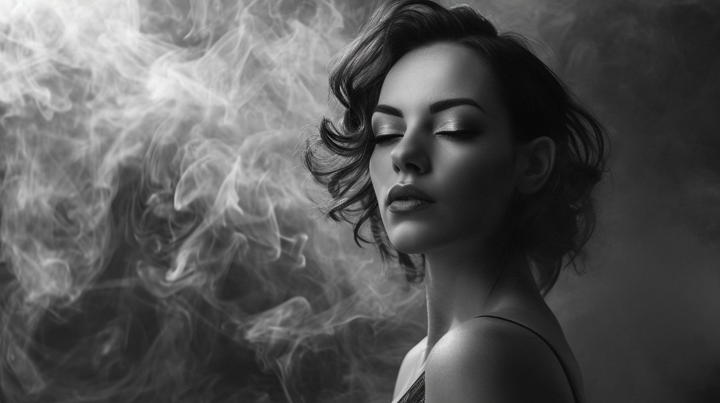 Beautiful woman in surreal black and white photo studio