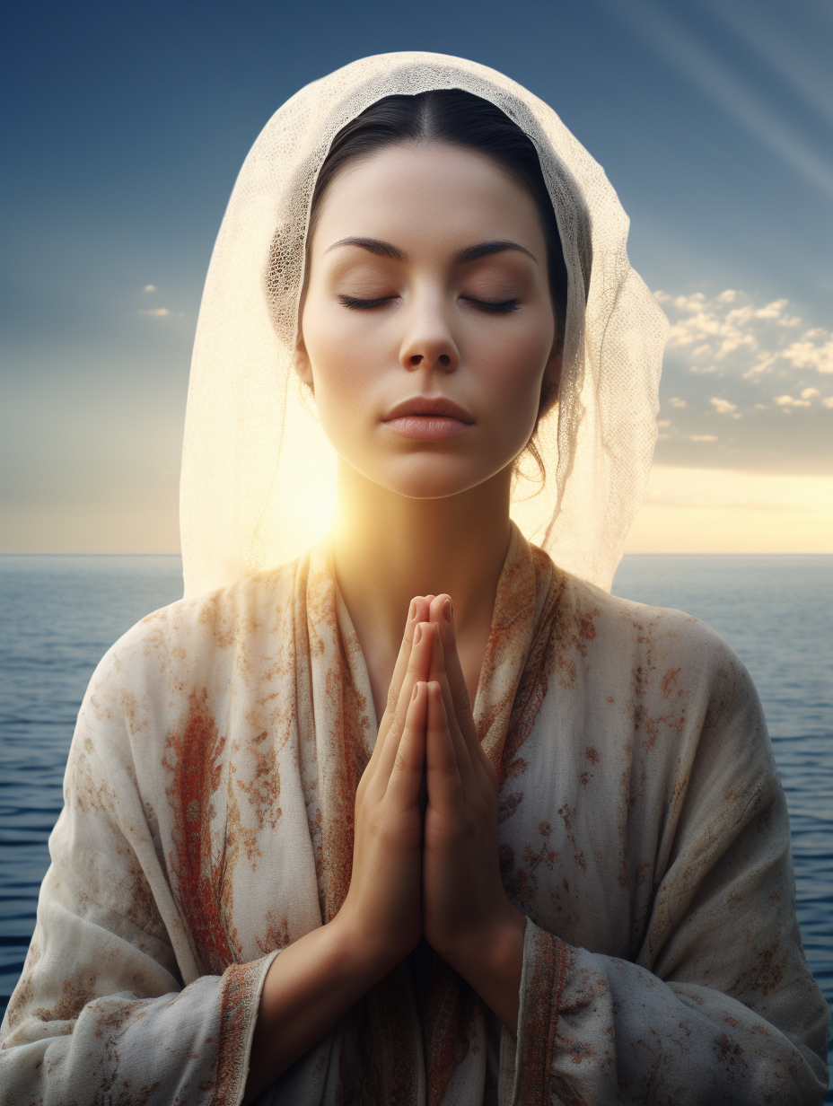 Woman praying by the sea