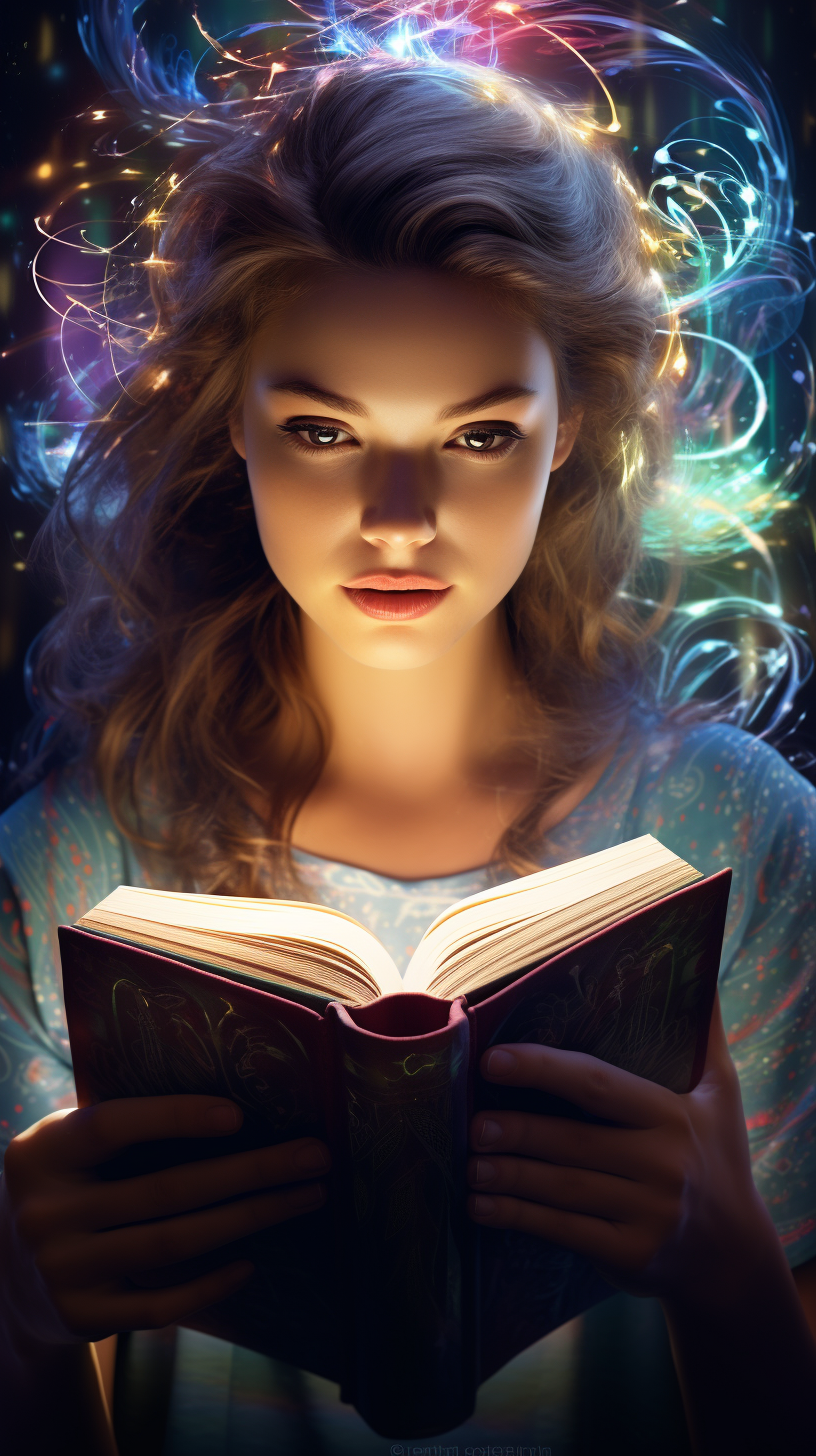 Glowing woman engrossed in a magical book