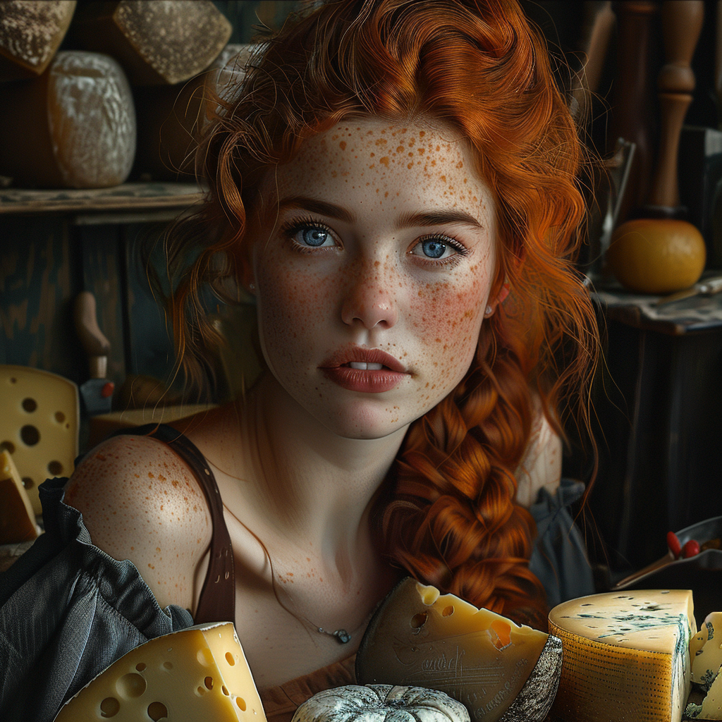 Woman with red hair and cheeses