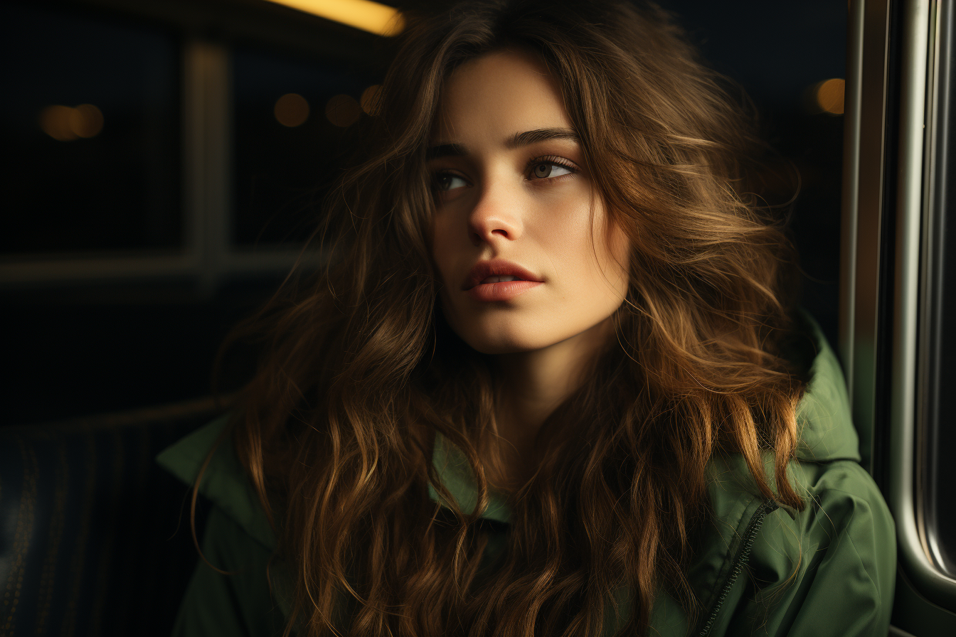 Woman looking out train window