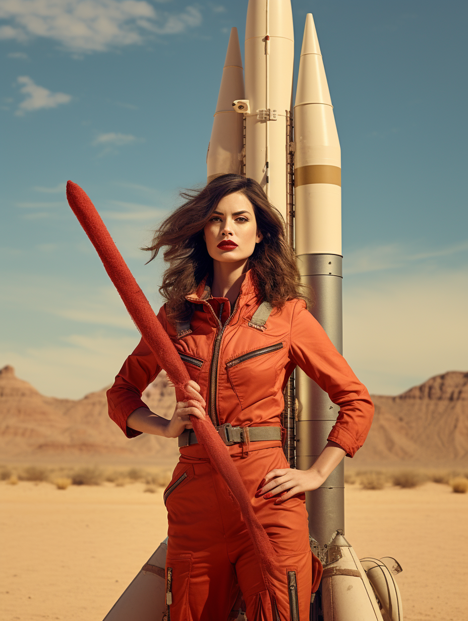 Smiling woman with rocket in desert