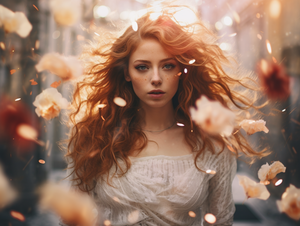 Stunning woman surrounded by swirling flowers and fire