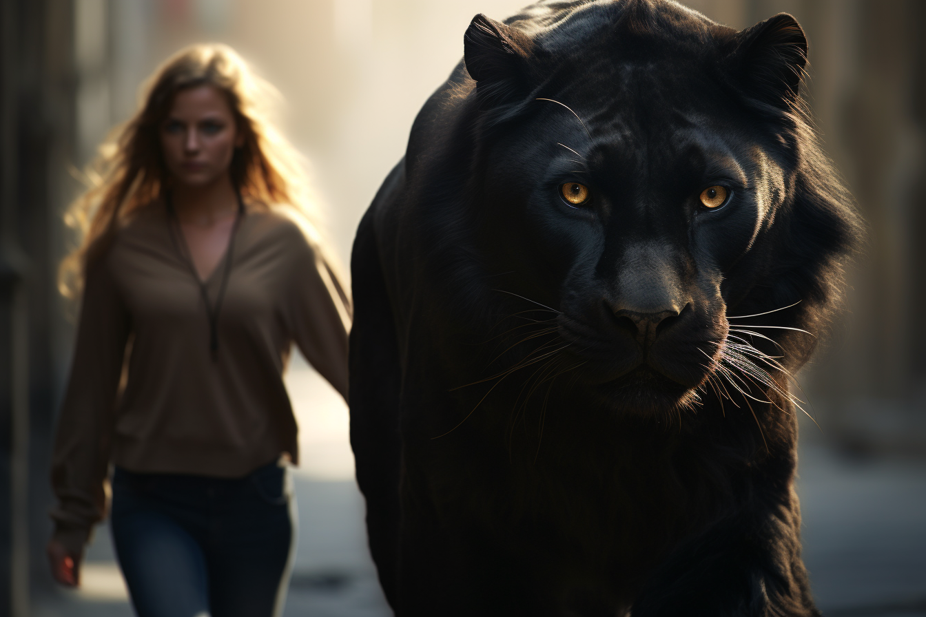 Beautiful woman walking with a black panther