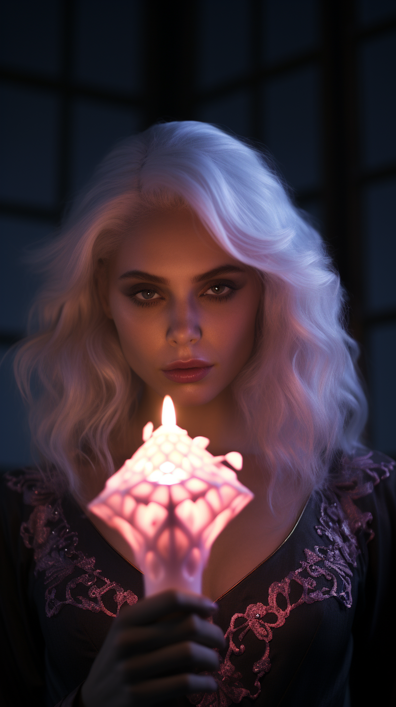 Stunning Woman with White Hair and Candle Symbol