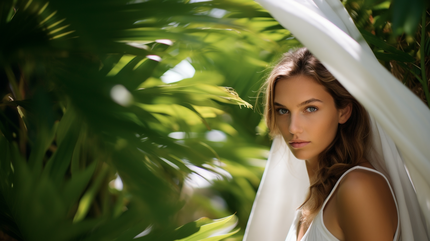 Beautiful woman in white linens dress peering behind leaves