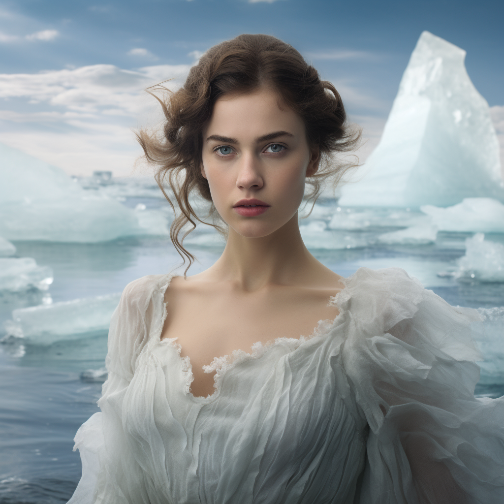 Beautiful woman in white summer dress with icebergs